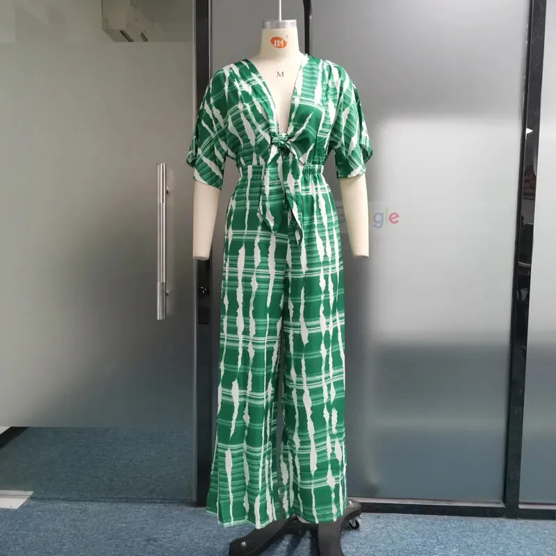 Znbbw Women Jumpsuit Dolman Sleeves V Neck Lace Up Nipped Waist Printing Loose Wide Legs Casual Pants Romper High Streetwear - Image 2