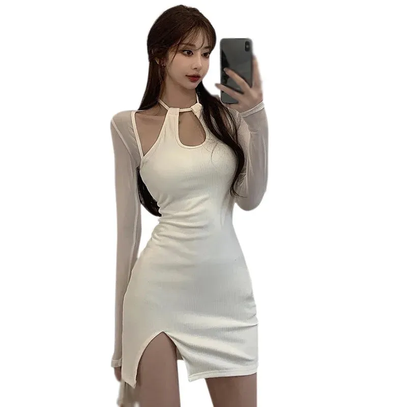 Znbbw Women's Korean Version Hanging Neck Dress With Mesh Stitching And Hollow Out Sexy Split Long Sleeved Dress - Image 7