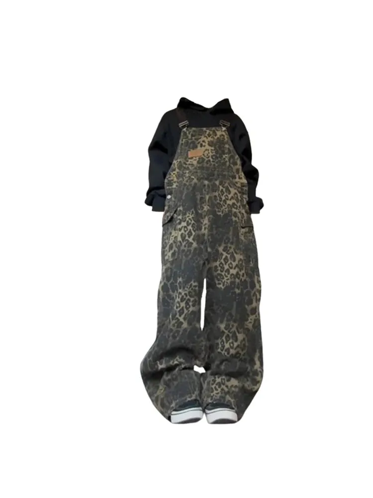 Znbbw Women's Vintage Leopard Jumpsuits Denim Jumpsuit Y2k Harajuku Overalls Korean Streetwear High Waist Wide Jean Pants 90s Clothes - Image 2
