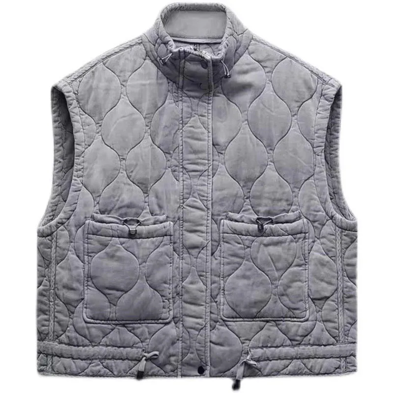 Znbbw All-match Patch Checkered Vest Women Pocket Stand Collar Sleeveless Clothing Female Single Breasted Lace Up Tops Lady - Image 4