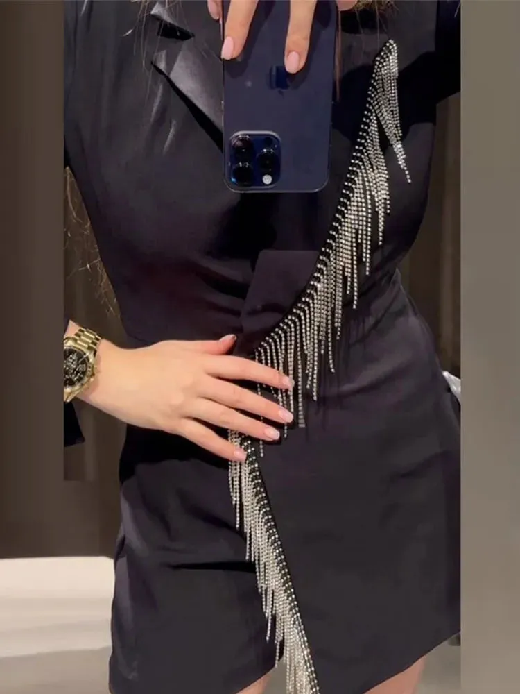 Znbbw Women silvery Tassels Suit Dress Lapel Long Sleeve Romper Short Suit 2023 Autumn Winter New Office Lady Outwear Jumpsuit - Image 2