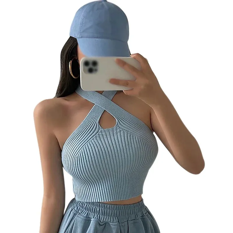 Znbbw Women's Korean Version Vest With Cross Hanging Neck And Hollow Out Sexy Slim Fitting Exposed Navel Knitted Vest - Image 8