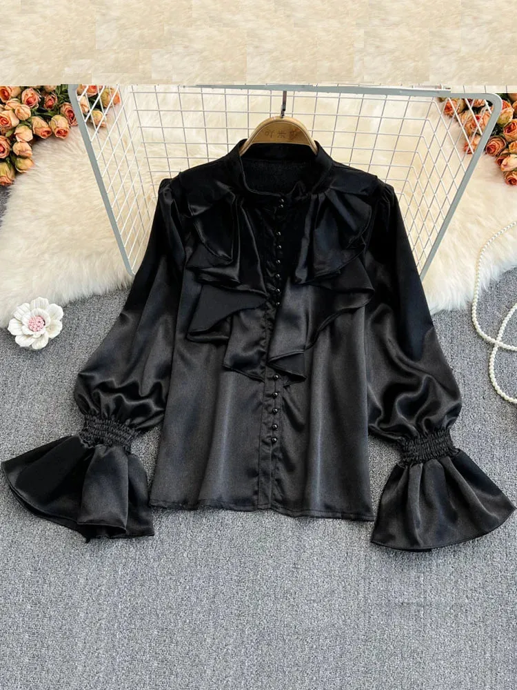 Znbbw Women New Spring Autumn Ruffled O-Neck Embroidered Flares Blouses Buttoned Ladies Temperament Trumpet Sleeves Shirt Tops D0489 - Image 7