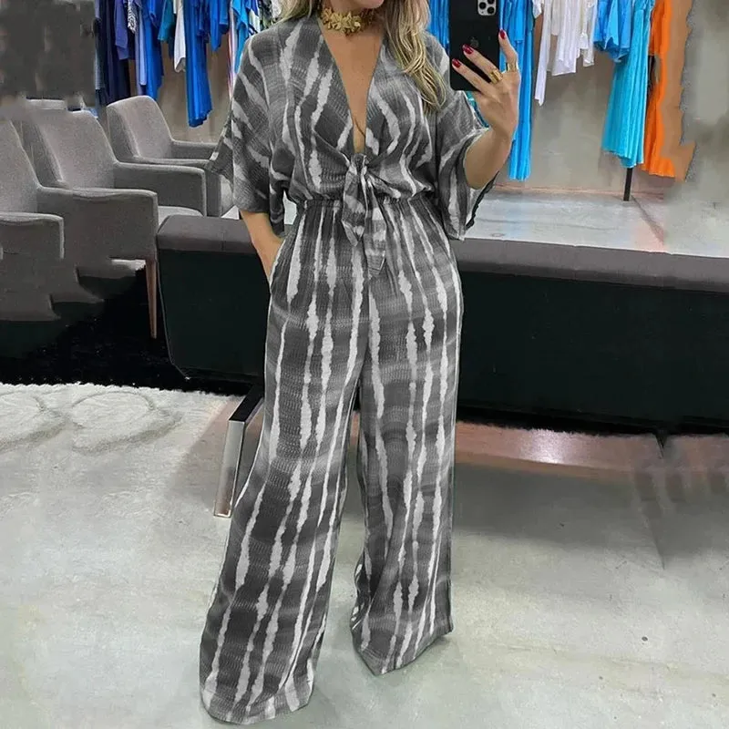Znbbw Women Jumpsuit Dolman Sleeves V Neck Lace Up Nipped Waist Printing Loose Wide Legs Casual Pants Romper High Streetwear