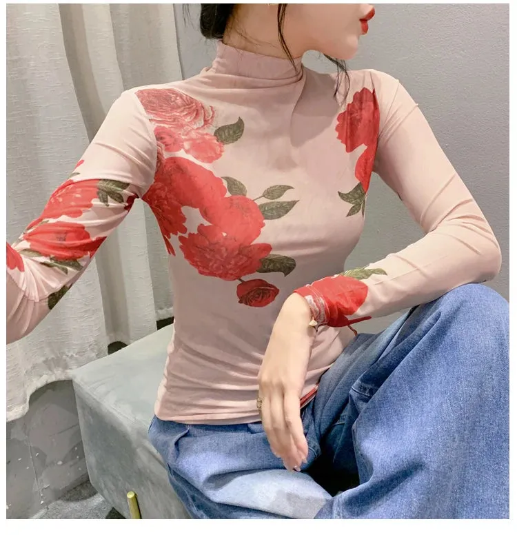 Znbbw Women's Fashion Autumn Spring Long Sleeve Turtleneck Mesh T-shirt Women's Positioning Printing Flowers TShirts - Image 3
