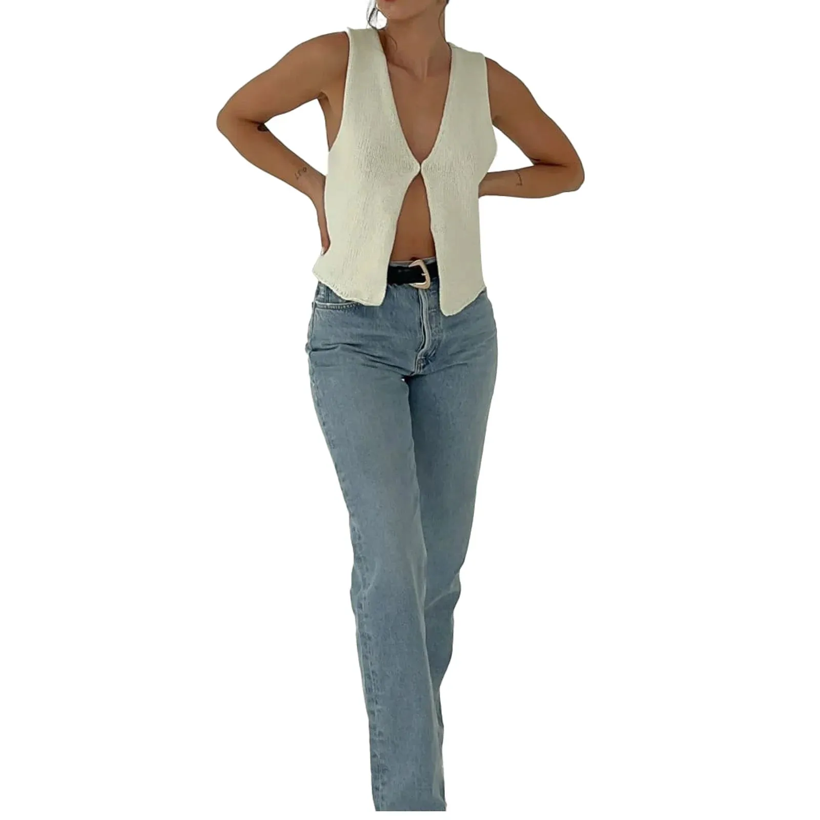 Znbbw Women y2k Fairycore Grunge Aesthetic Clothes Knit Vest Solid Button Down V Neck Sleeveless Crop Tops Vintage Casual Streetwear - Image 11