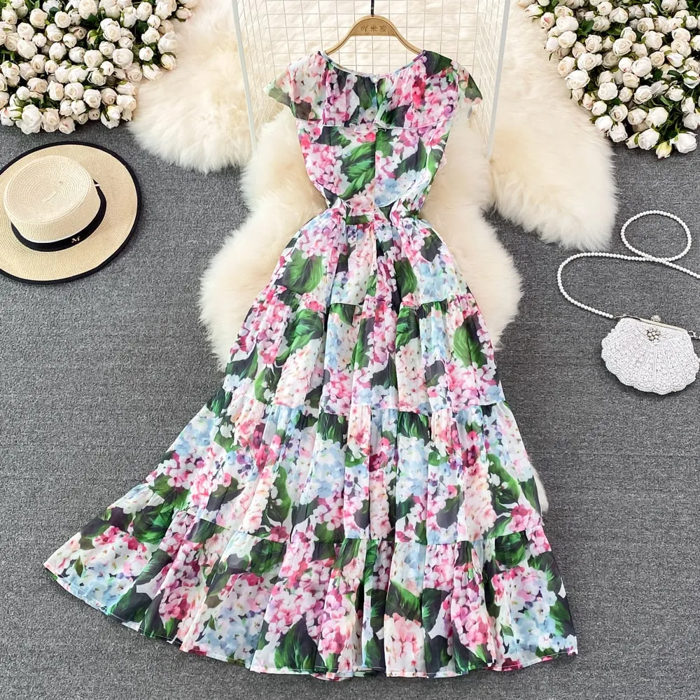 Znbbw Beach Dresses For Women 2023 Summer Ruffles V-Neck Cloak Sleeve Green Hydrangea Print Cascading Bohemian Dress N8297 - Image 2