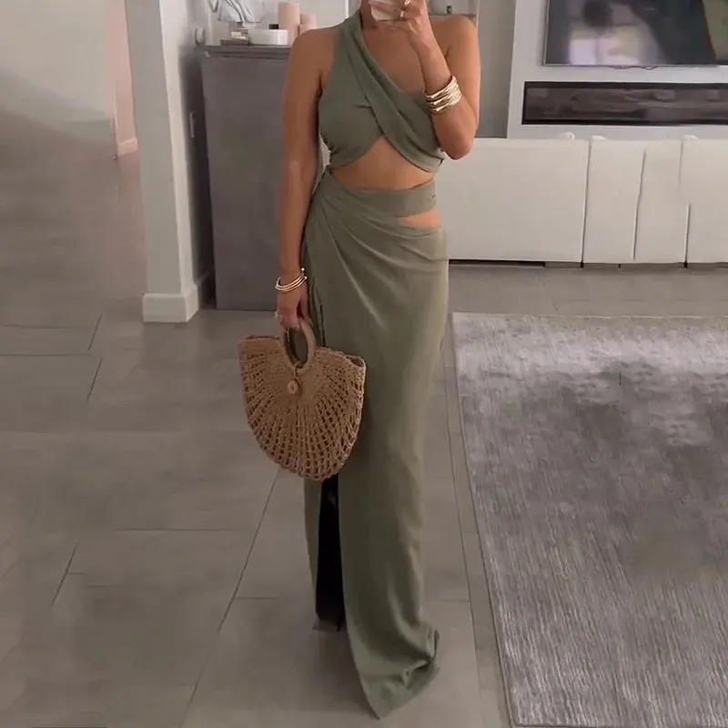 Znbbw Women Two Piece Set Fashion Sexy Solid One Shoulder Sleeveless Top Loose Slit Cutout Long Skirt Sets High Streetwear - Image 2