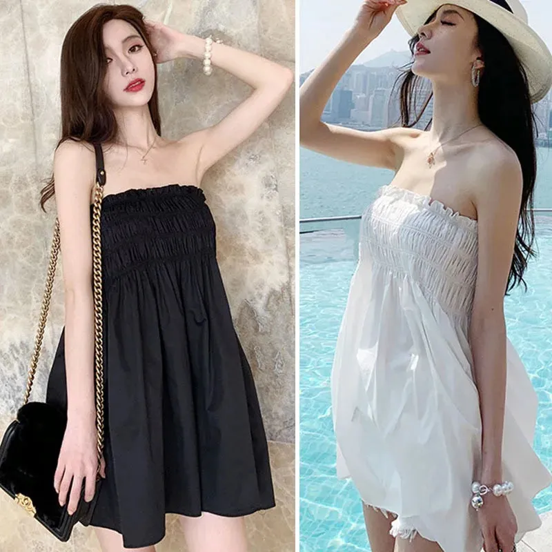 Znbbw Women Summer Fashion Casual Loose Off Shoulder Strapless Ruched Solid Color Bandeau Wrap Dress