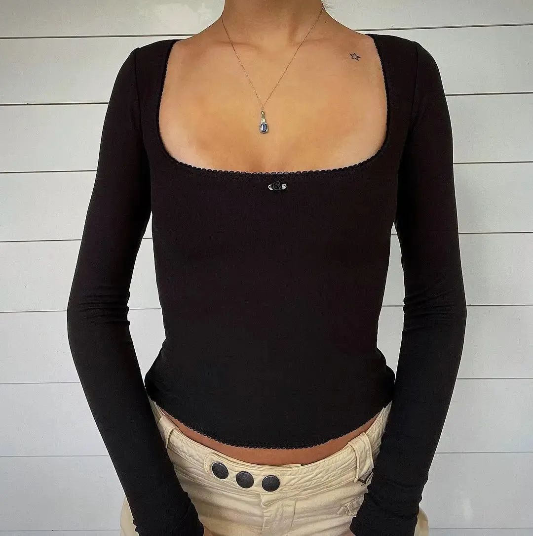 Znbbw y2k Floral Lace Crop Top Women's Square Neck Long Sleeve Top Basic T Shirt Vintage Full Sleeve Aesthetics Harajuku Tees 0410 - Image 2