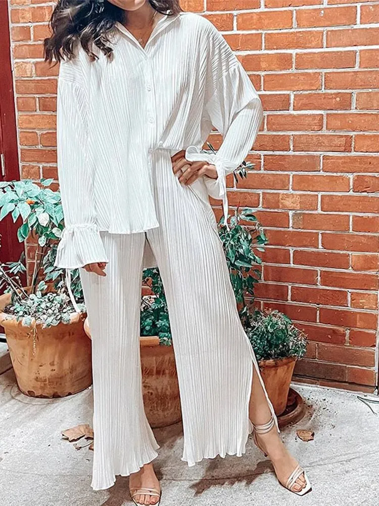 znbbw Women Pleated 2 Piece Sets Long Sleeve Blouse Tops And Split Wide Leg Pant Suit Female Fashion Casual Loose Homewear Outfit - Image 11