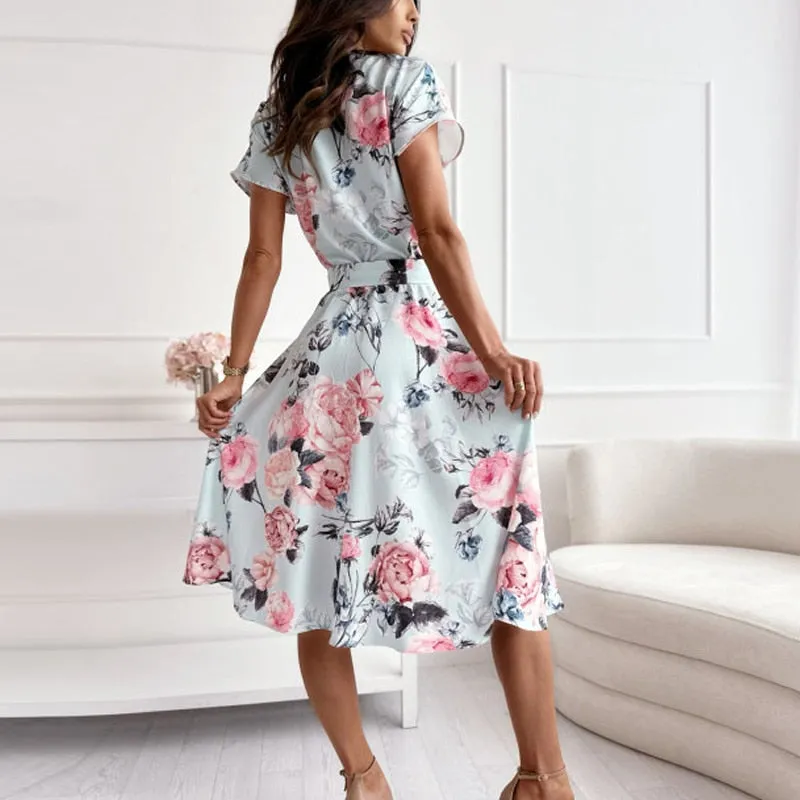 znbbw Women Single-Breasted Floral Print Dress Ladies Summer Commute V-Neck Short Sleeve Dress Elegant Slim Lace-Up Belt A-Line Dress - Image 8
