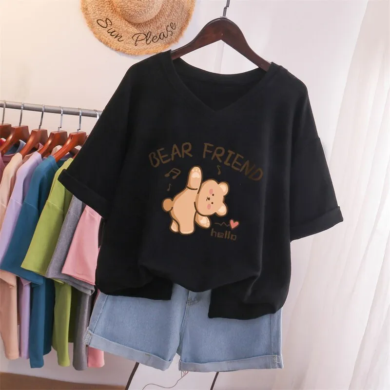 Znbbw 100% Cotton L-5XL Plus Size T Shirt Bunny Print V Neck Tshirt Short Sleeve Women Top Basic Summer Couple Solid T Shirts - Image 4