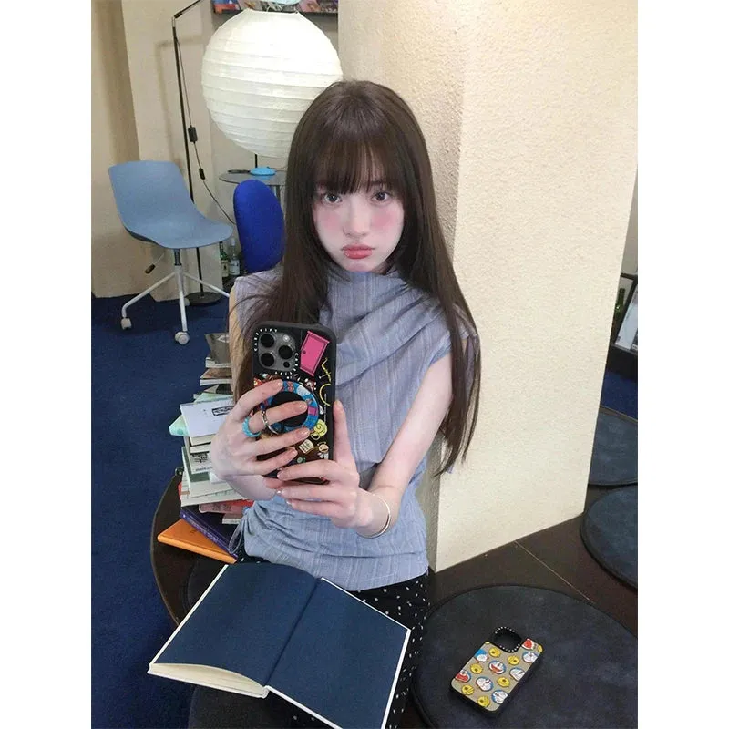 Znbbw 2000S Striped Shirts Women Vintage Shirring Sleeveless Blouses Streetwear Irregular Crop Tops Summer Harajuku Korean Clothes - Image 2