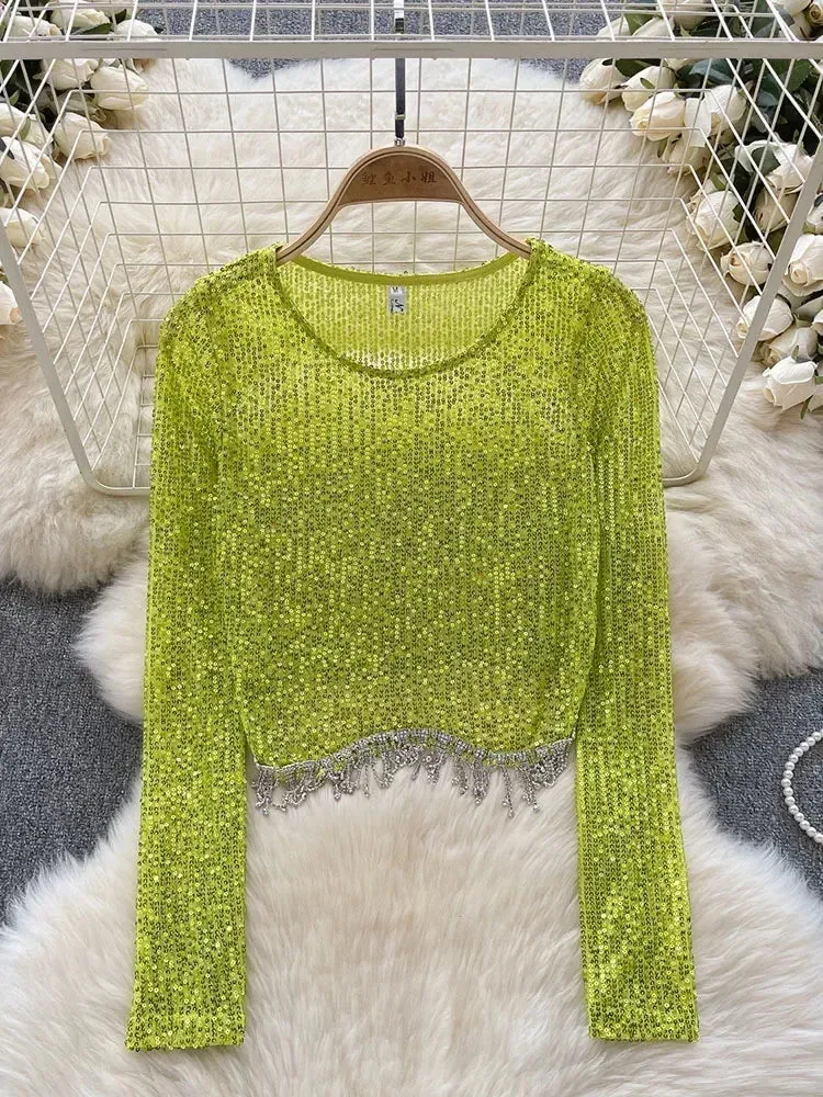 Znbbw Women Spring Autumn Blouse European American Top Design Sense Niche Sequin Base Shirt High-end Tassel Light Luxury Top D5352 - Image 2