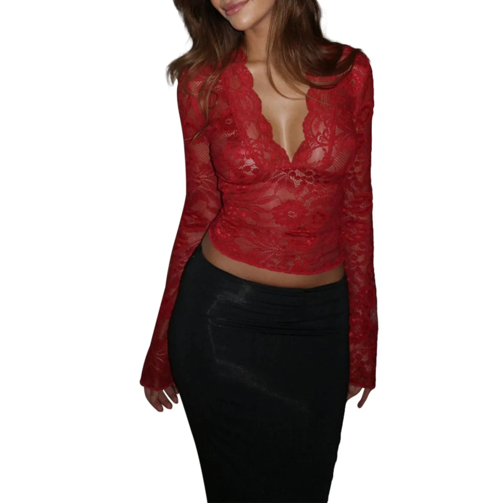 Znbbw Women Vintage y2k Lace Trim See Through Tees Long Sleeve Fairy Grunge T-Shirts Aesthetic Slim Fit Crop Tops Harajuku Clothes - Image 9