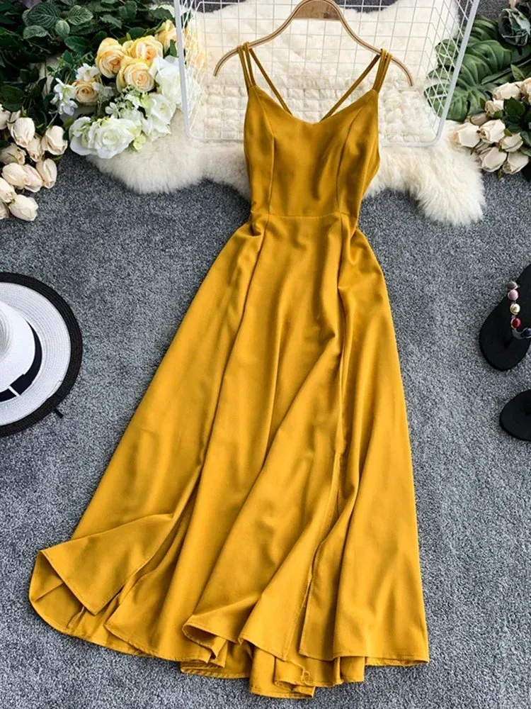 Znbbw Women's Holiday Long Dress Cross Sling Backless Solid Color Dress Beach Style Sexy Split Swing Dress Women Purple Dreess GD356 - Image 4