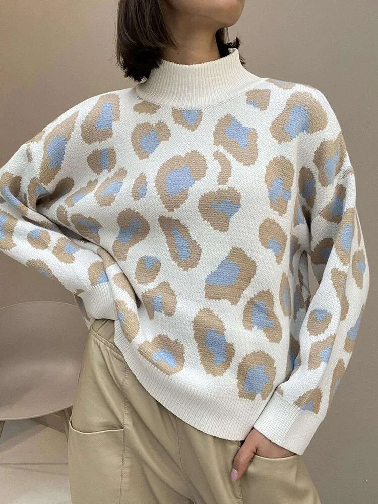 Znbbw Women Leopard Print Sweater 2023 Winter Casual Long Sleeve Oversized Pullovers Tops Female Fashion Turtleneck Knitted Sweaters - Image 4