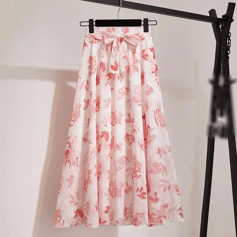 Znbbw Women Long Skirt Summer Beach Sunny Skirts Floral Bow Chiffon High Waist Skirt - Image 13