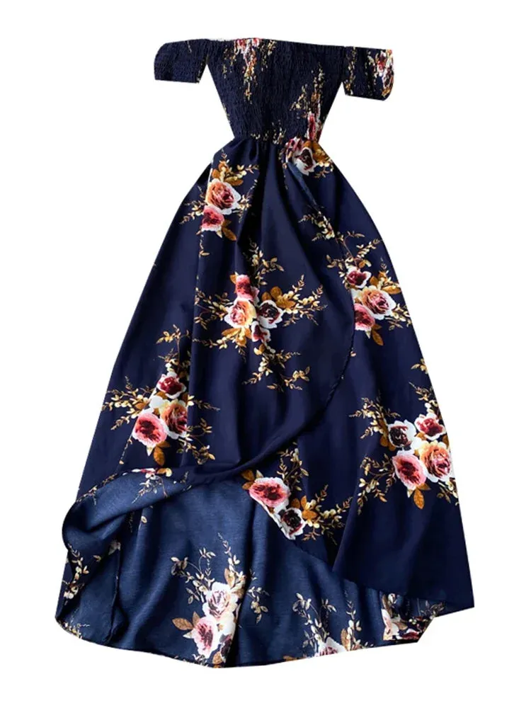 Znbbw Women's Irregular Slit Print Floral Long Dress One-way Neck Strapless Chest Wrap Short Sleeve Dresses LL006 - Image 5