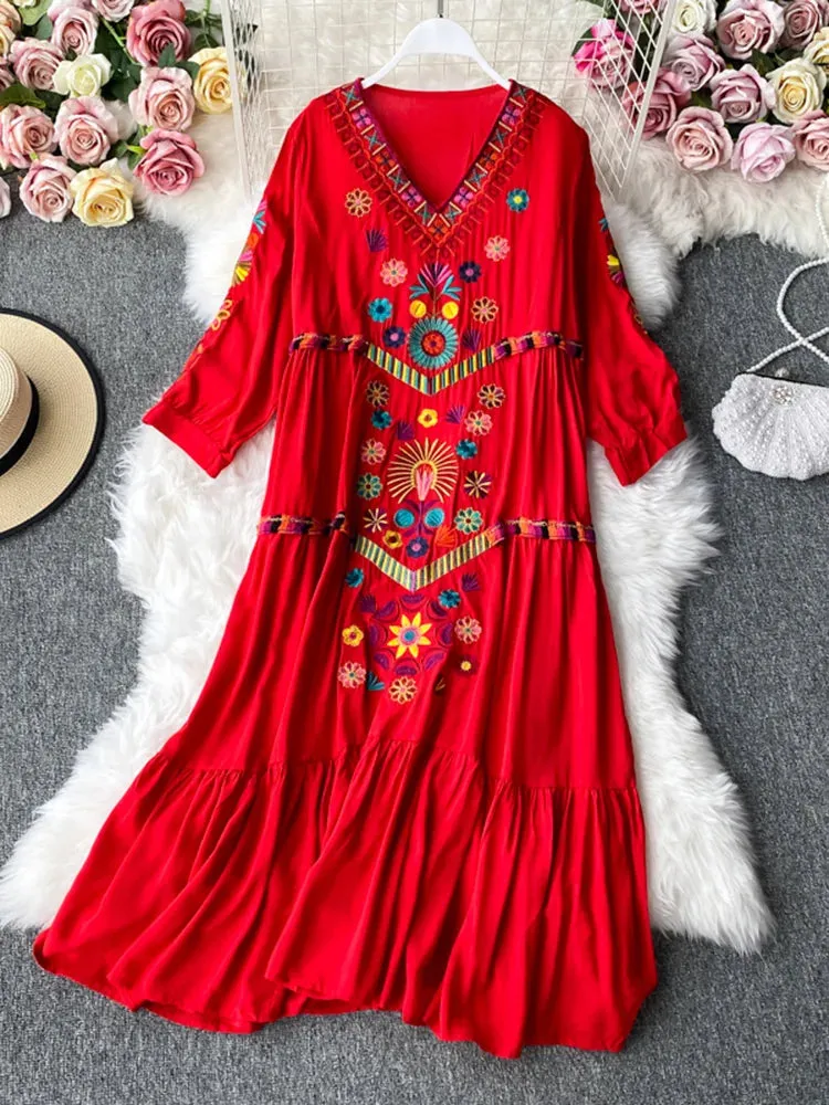 Znbbw Autumn Women Dress Seaside Vacation Beach Skirt Bohemian Loose Ethnic Style Temperament Embroidered V-Neck Dress D1827 - Image 2