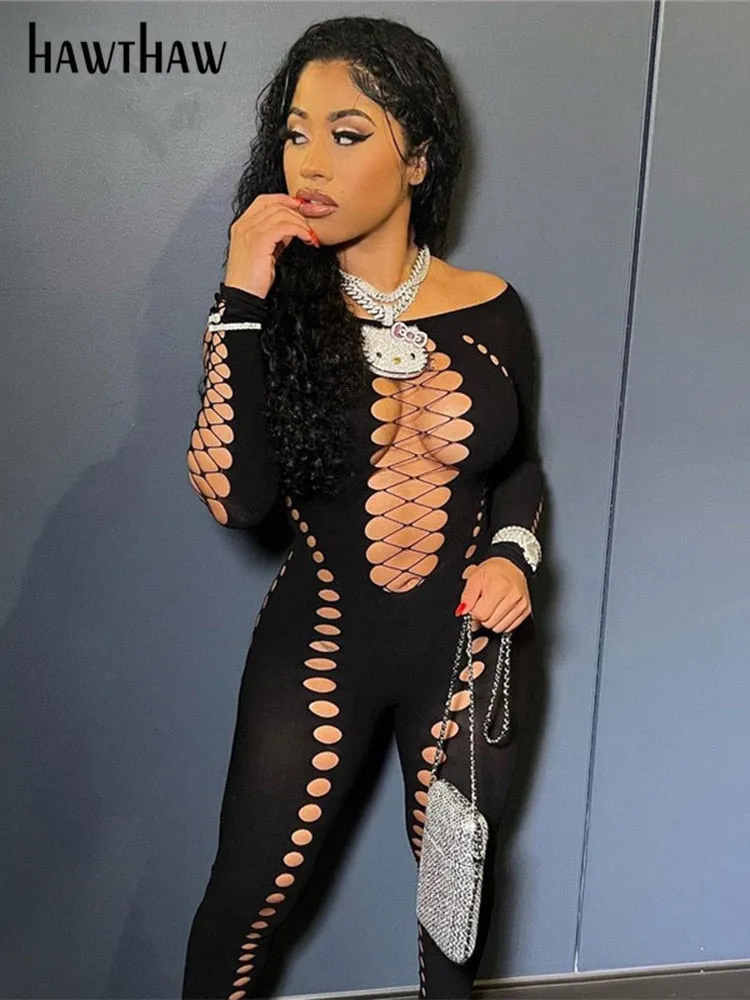 Znbbw Women Sexy Long Sleeve Hollow Out Bodycon Black Jumpsuit Overalls 2023 Fall Clothing Wholesale Items For Business - Image 2