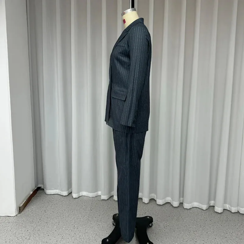 Znbbw Women Suit Two Piece Autumn Winter Fashion Striped Printed Office Lapel Long Sleeve With Pocket 2 Button Top Loose Pants - Image 6