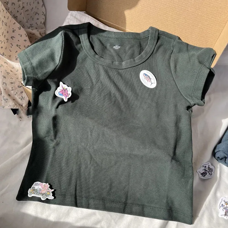 Znbbw Women Solid Vintage Slim T-shirts Cute Sweet Round Neck Short Sleeve Cotton Y2k Crop Top Harajuku Summer Basic Casual Tees Tops - Image 3