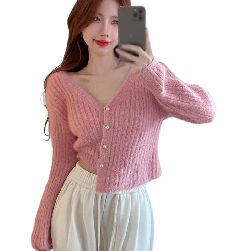 Znbbw Women's Sweater V-neck Temperament Short Style Solid Color Knitted Pearl Buckle Women's Top Sweater - Image 7