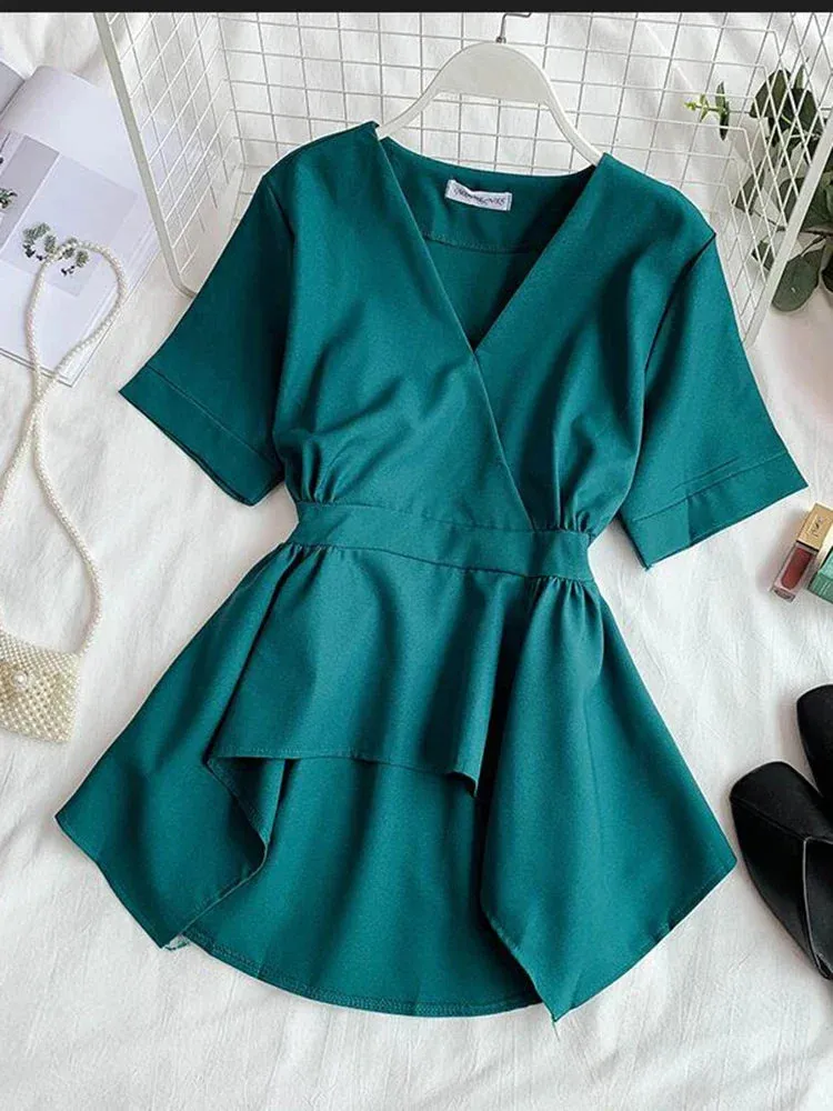 Znbbw Women's Shirt Korean Fashion Black Red Solid Color V-neck Short Sleeve Ruffled Tops Blouses GD471 - Image 3