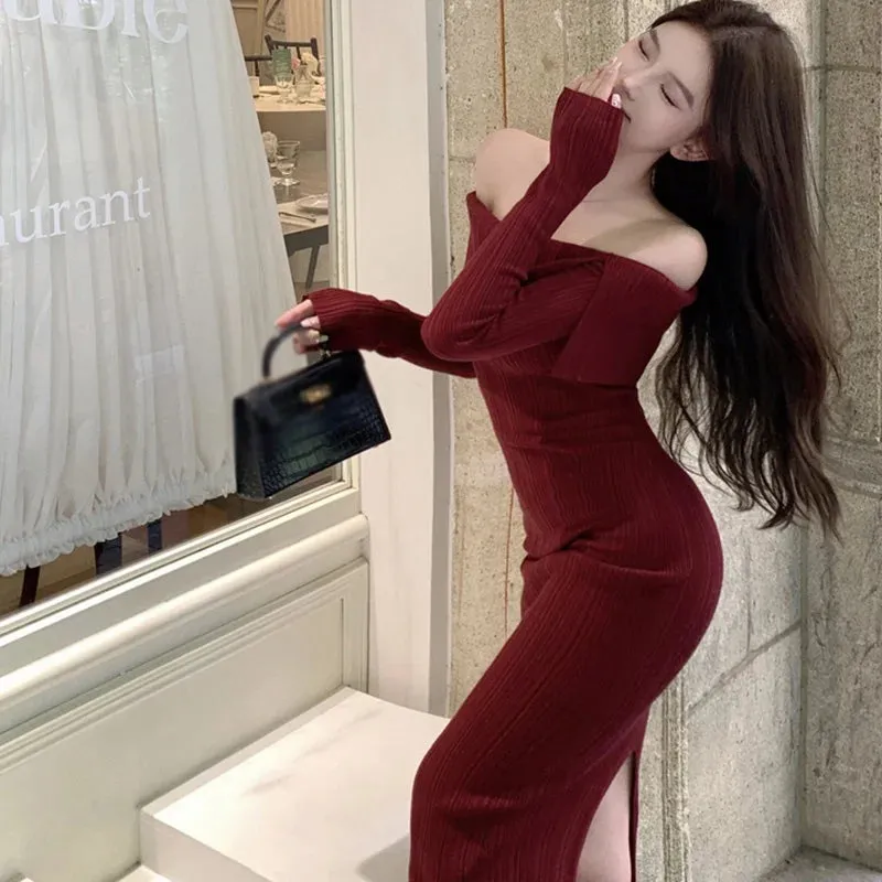 Znbbw Women's Dress  Hip Wrapped Medium Length  Thin  Waist Closed  Split Long Sleeve Straight Shoulder Dress - Image 5