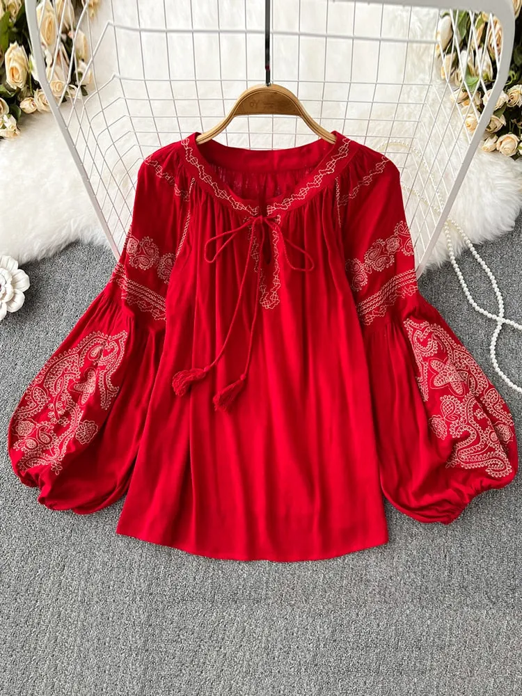 Znbbw Versatile Embroidery Shirt Women's Spring Autumn 2023New V-Neck Long Sleeve Bohemian Loose Blouse Womens Tops G06 - Image 3