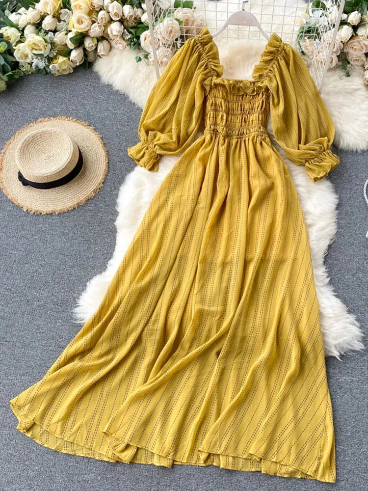 Znbbw Women's Dress New Square Collar Wooden Ear Bubble Sleeve Dress Korean Style Waist Slim Chiffon Female Dresses LL087 - Image 8