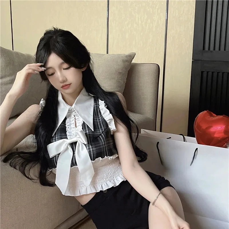 Znbbw Y2k Vest Blouses Bow Decoration Hollow Out Ruffles Plaid Design Crop Tops Summer Slim Waist Chic Women's Clothing Shirts - Image 6