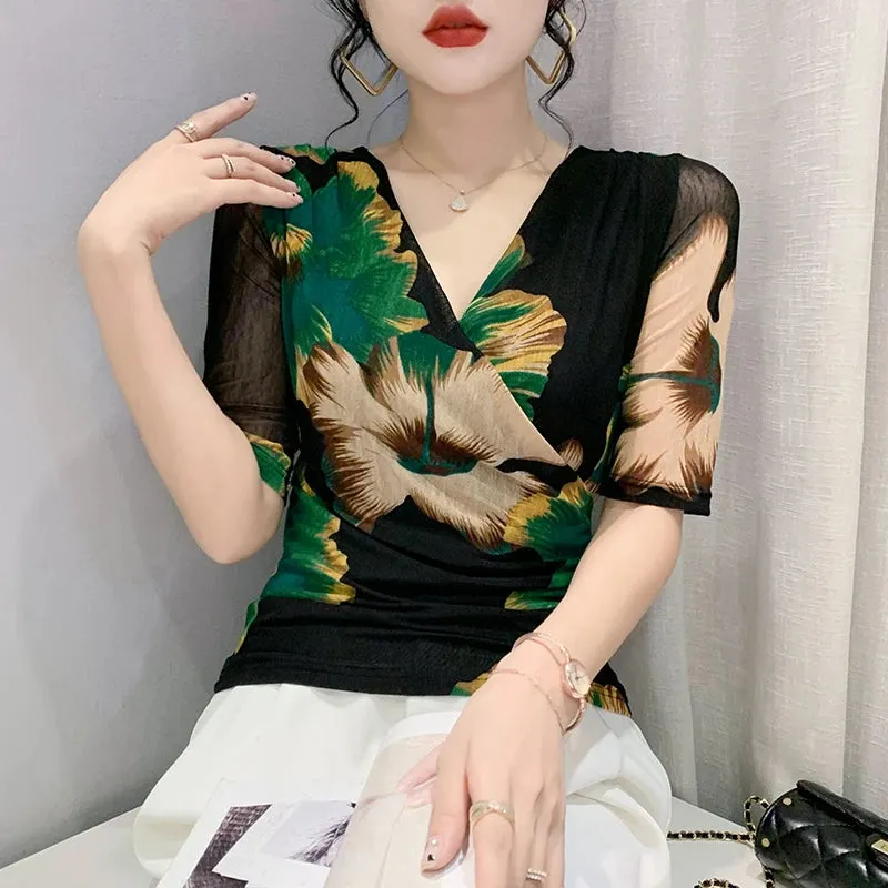 Znbbw Women Half Sleeve Print Mesh T Shirts Lady Elegant Elastic Crossed V Neck Floral Tops Tees Female Fashion T-Shirt - Image 3
