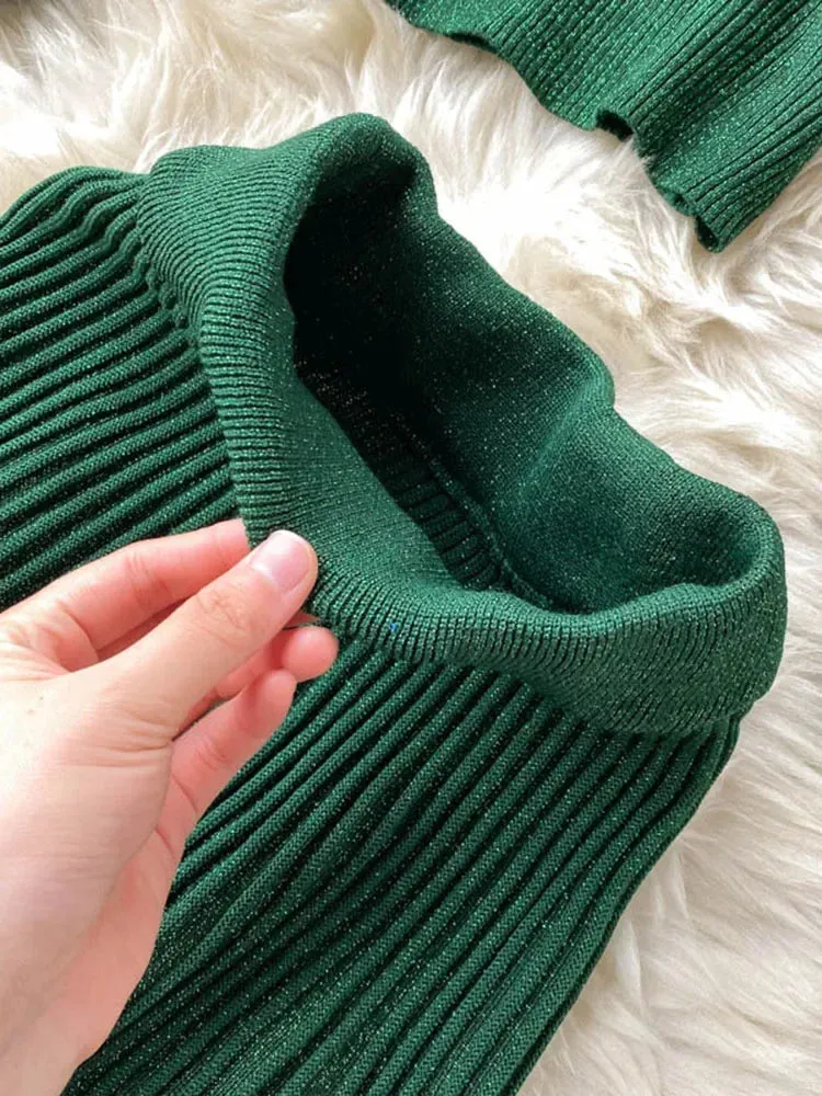 Znbbw Women Korean New Style Cross V-neck Puff Sleeve Short Waist Top + Elastic High Waist Pleated Skirt Knitting Two Piece D039 - Image 3