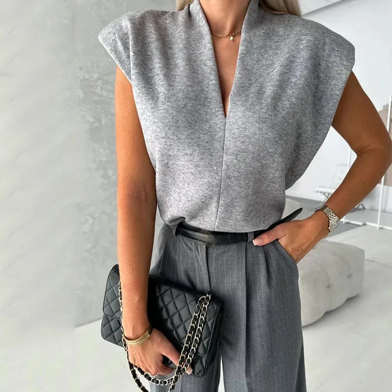 Znbbw 2 Piece Set Autumn Women Office Solid V Neck Sleeveless Vest Top Casual Loose Wide Legs With Pockets Pants Set Streetwear - Image 3