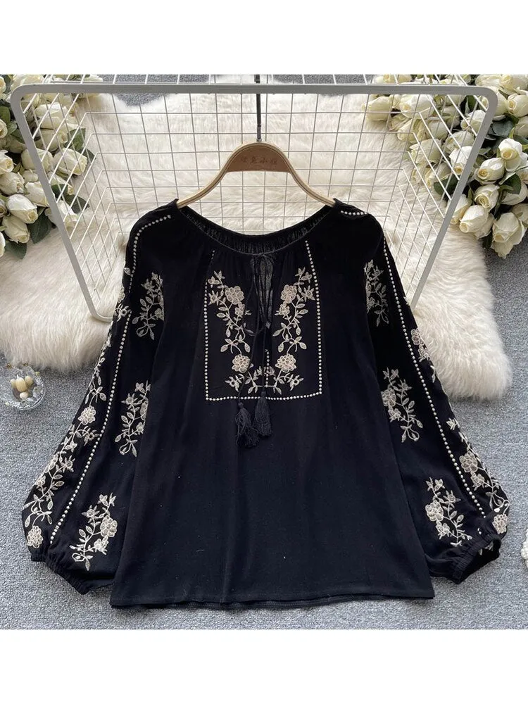 Znbbw Women Spring Summer Blouse French Printed Shirt New Loose Long Sleeve Design Small Retro Lantern Sleeve Embroidery Top D2564 - Image 3