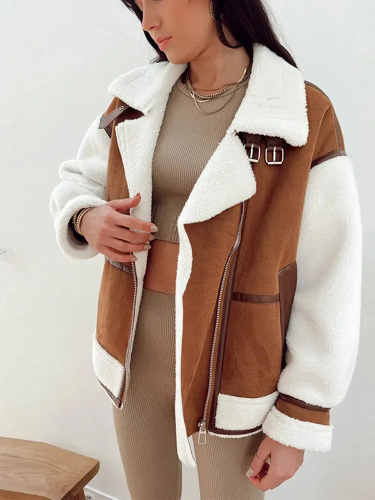 Znbbw Women Lapel Spliced Coats Vintage Double Pockets Long Sleeve Zippers Jackets 2023 Female Thick Warm Outerwear Autumn - Image 2