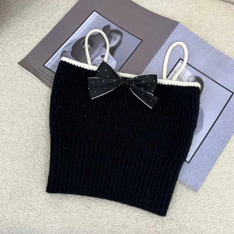 Znbbw Women's Korean version Slim fitting, Sexy and Sweet Knitted Tank Top Bow Strap - Image 4