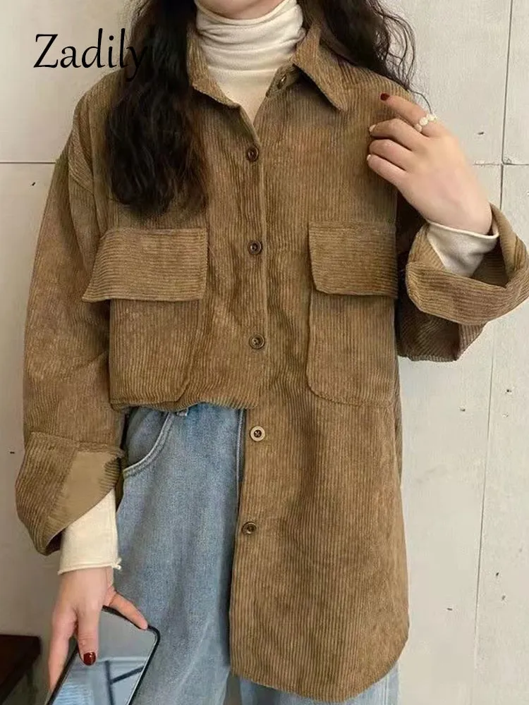 znbbw 2023 Winter Minimalist Long Sleeve Corduroy Shirt Women Korean Style Button Up Ladies Blouse Coat Female Clothing Tops - Image 5