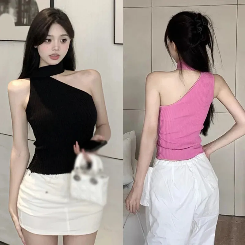 Znbbw Women's Crop Top Korean Summer Shoulder Hanging Neck Slim Fit Versatile Knitted Sleeveless Suspended Tank Top - Image 3