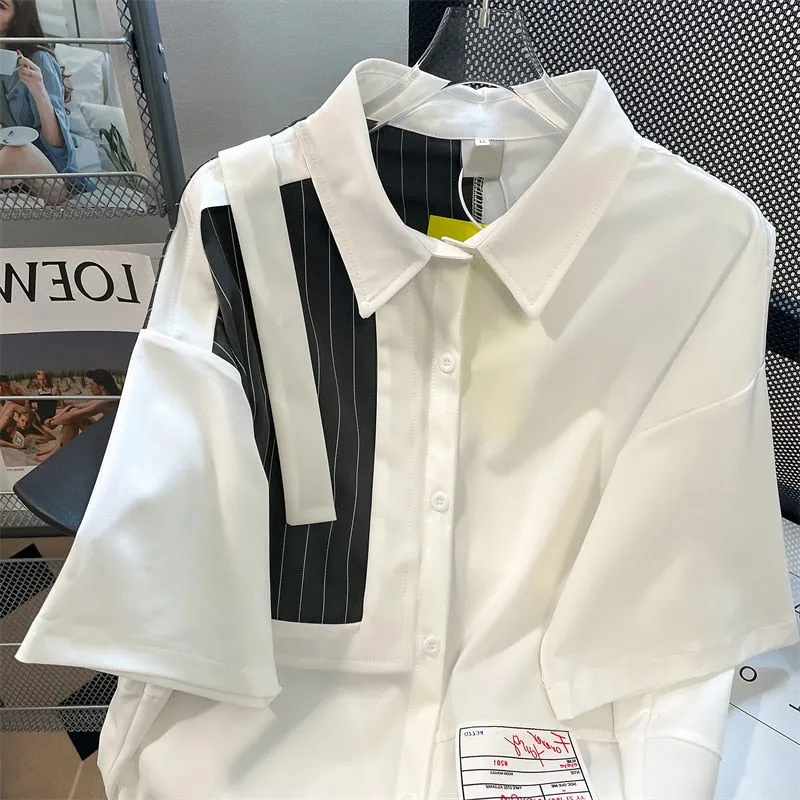 Znbbw Women Turn-down Collar Shirt Button Patchwork Asymmetrical Short Sleeve Blouse Fashion Streetwear Shirts Summer Thin Top - Image 2