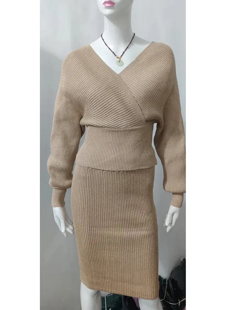 Znbbw Women's High Waist Bright Silk Knit Bag Hip Skirt Two-piece Fashion V-neck Sweater Bat Sleeve Two-piece Women's Sets GD123 - Image 10