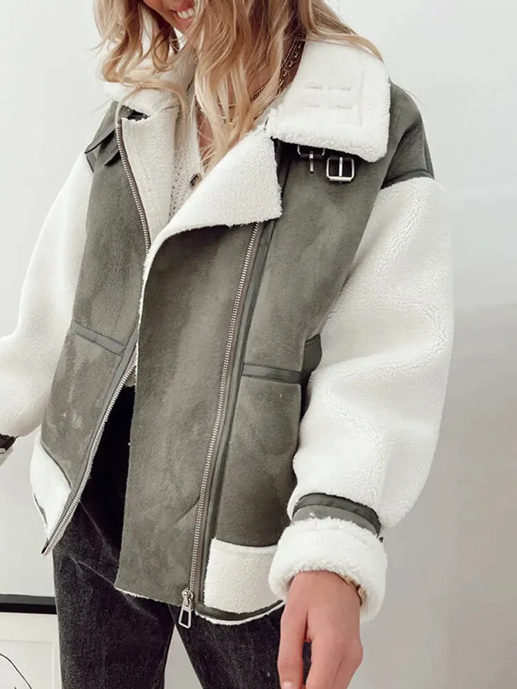 Znbbw Women Lapel Spliced Coats Vintage Double Pockets Long Sleeve Zippers Jackets 2023 Female Thick Warm Outerwear Autumn - Image 3