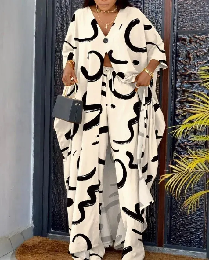 Znbbw Women Printed Pant Sets Summer Loose High Split Top Sundress High Waist Flare Wide Leg Pants Set Female Casual Two Pieces Set - Image 7