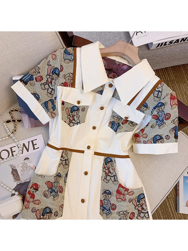 znbbw Women's Summer New High-end Polo Neck Bbear Print Short Sleeve Button French High Waist A-line Fashion Elegant Dresses - Image 2