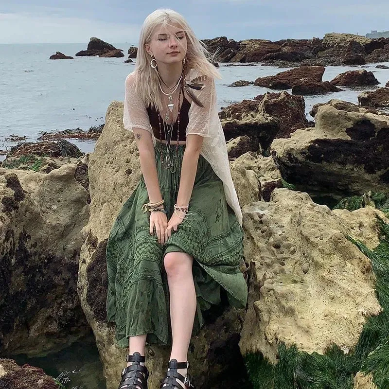 Znbbw Women Skirts Retro Print High Waist Lace-Up Loose Long Midi Skirts Vacation Ladies Harajuku Gothic Grunge Fairycore Streetwear - Image 5