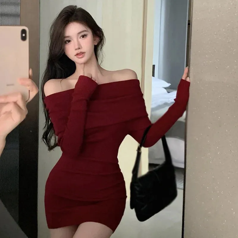 Znbbw Women Sexy Buttocks wrapped Slim fitting dress Slimming Temperament Off Shoulder Solid color Dress - Image 2