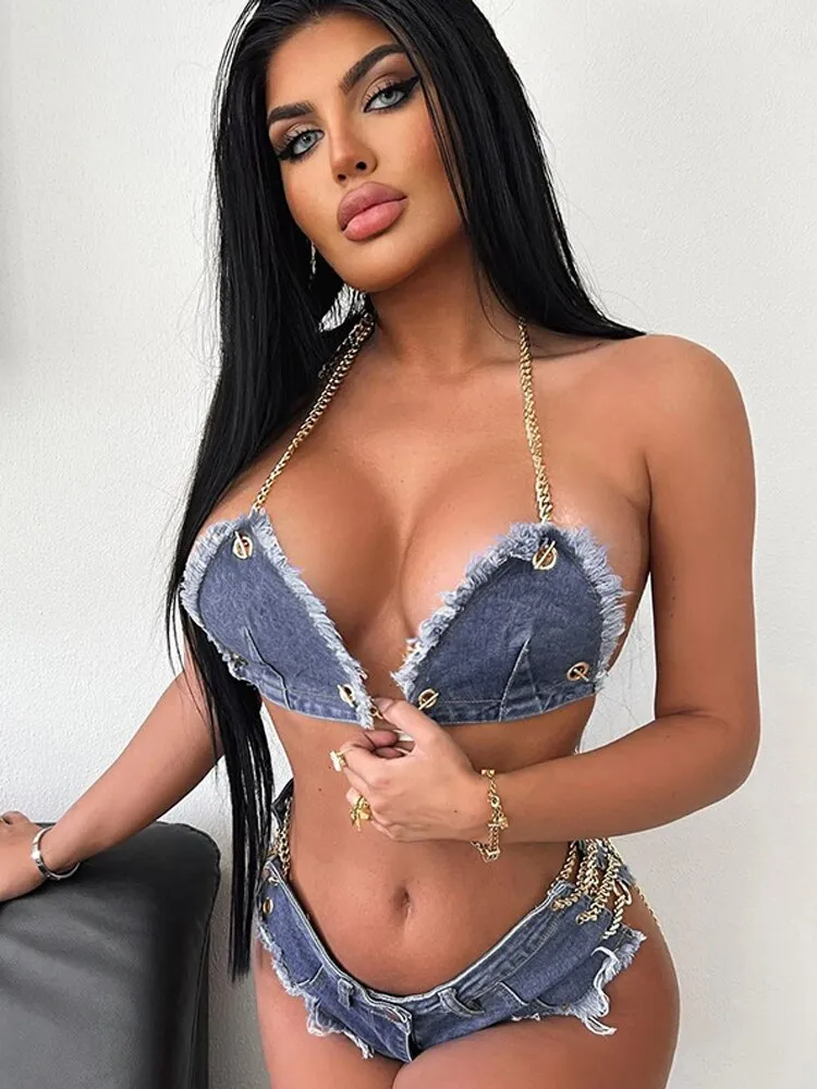 Znbbw Piece Set Women Denim Outfits Sexy Chain Halter Bra+Low Rise Tassel Mini Shorts 2023 Summer Punk Grunge Clothes - Image 3